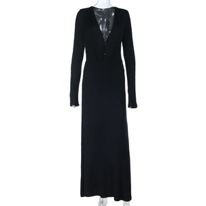 Elegant black long sleeve V-neck maxi dress with pleated waist detail on a white background
