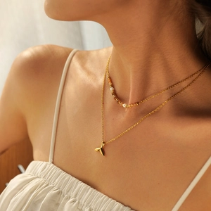 18k gold plated double layer necklace with fishtail pendant and pearl bead chain