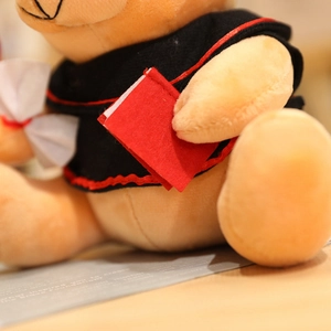 Macro detail of plush teddy bear wearing a black graduation gown with red accents