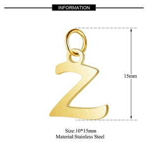 Macro view of gold stainless steel letter Z pendant with 10x15mm dimensions