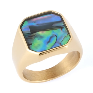 Gold stainless steel signet ring with octagonal abalone shell inlay for men