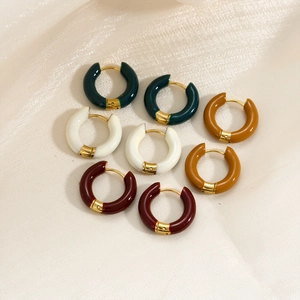Vintage retro enamel hoop earrings in deep green, cream, yellow, and burgundy colors