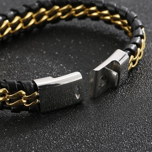 Men's woven titanium steel bracelet with gold double chains and magnetic clasp