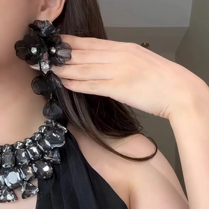 Detail of vintage long tassel flower earrings and crystal necklace worn by a model