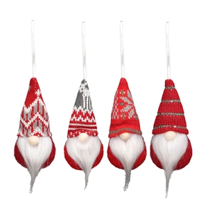 Set di 4 gnomi di Natale da appendere con motivi nordici rossi e lunghe barbe bianche