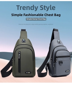Detail of waterproof Oxford chest bag showing dual colors and integrated charging port