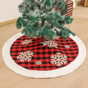 Christmas Tree Skirt Red Black Buffalo Plaid White Faux Fur Edge Snowflake Rustic Holiday Decoration