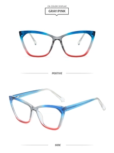 Detailed front and side view of cat-eye TR90 glasses with gray and pink gradient frame