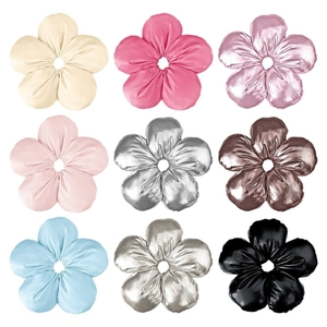 Set of 9 floral sponge hair scrunchies in satin and metallic finishes in a 3x3 grid layout