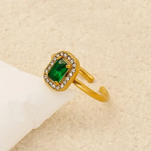 Elegant gold-tone stainless steel ring featuring a green zircon center stone with halo design