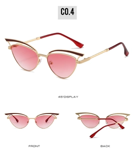 Detailed multi-angle display of hollow cat eye sunglasses with gold frames and pink gradient lenses