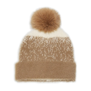 Detailed knit texture of khaki and cream winter beanie with fluffy faux fur pompom