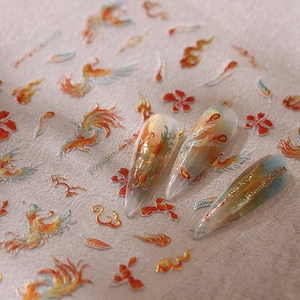 Traditionele Chinese stijl feniks nagelstickers met gouden gelukbrengende patronen