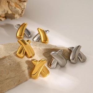 Polished 18k gold and silver stainless steel chubby X-shaped earrings in minimal style