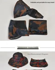 Detailed size specifications and folding storage guide for camo outdoor sun hat with face mask