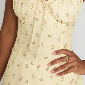 French style yellow floral midi dress with drawstring camisole straps and slim waist design