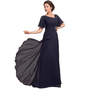 Elegant navy chiffon long dress with ruffle sleeves and sequin floral applique for wedding guests