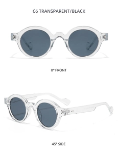 Vistas detalladas frontal y lateral de gafas de sol redondas vintage en negro transparente