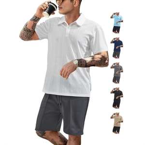 Men Waffle Texture Polo Shirt And Shorts Casual Summer Outfit Short Sleeve Lapel Button Neck Relaxed Fit