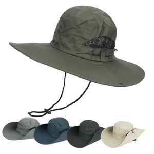 Quick-dry nylon fishing hat with wide brim, breathable mesh, and adjustable wind cord