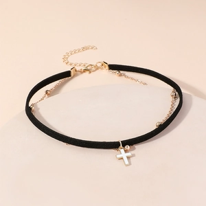 Double-layered black velvet choker featuring a gold bead chain and white cross pendant