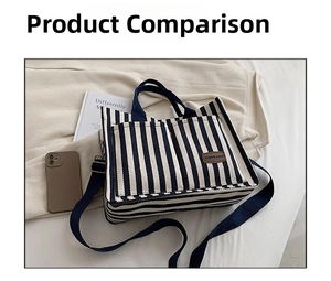 Detailed macro view of striped canvas tote bag with front pockets and leather fashion logo