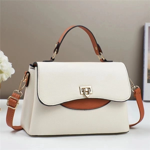 Minimalist beige plaid texture shoulder bag with brown straps and gold buckle