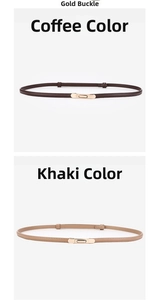 Detail view of thin leather waist belts in coffee and khaki with golden metal buckles