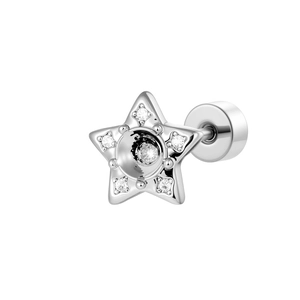 Minimalist silver star screw back stud earring with clear zircon gemstones on white background