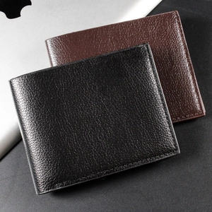 Short PU leather bifold wallets for men in black and brown with lychee grain texture