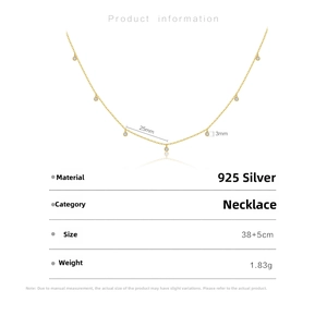 Detailed size chart of S925 silver necklace featuring round crystal pendants on gold chain