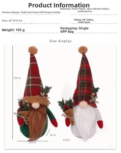 Close-up of a Christmas plaid hat gnome with specific product size and material parameters