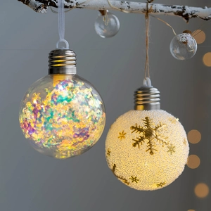 LED Christmas ball ornaments with iridescent sequins and gold snowflake patterns