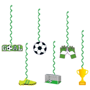 Detail of football party hanging swirls featuring soccer ball trophy and goal designs