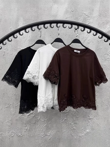 Camisetas holgadas de manga corta con encaje para mujer en negro, blanco y marrón