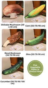 Detailed size comparison of five cartoon vegetable plush pillows including mushroom and corn