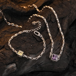 Vintage Thai silver necklace and bracelet set with purple and yellow square zircons