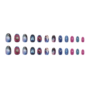 Faux ongles 24 pièces bleu étoilé avec motifs aurore et géométriques fantastiques