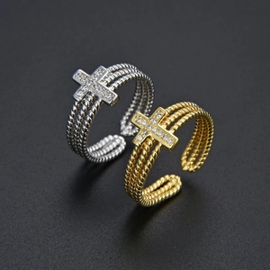 Multi Layer Cross Adjustable Ring Copper Micro Pave Zircon Open Finger Jewelry For Women