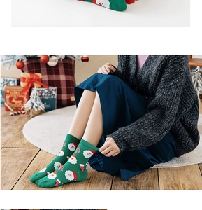 Detail of green Christmas socks featuring Santa Claus and holiday patterns on a model