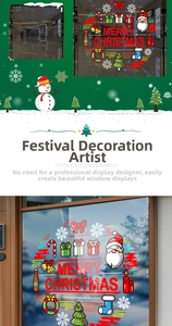 Detail of Christmas window clings showing Santa Claus, snowflakes and festive gift boxes