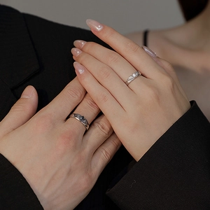Angel and devil wing couple rings in silver and black with sparkling zircon stones