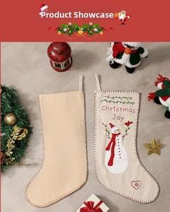 Close-up of embroidered snowman Christmas stockings with red hearts and festive joy text