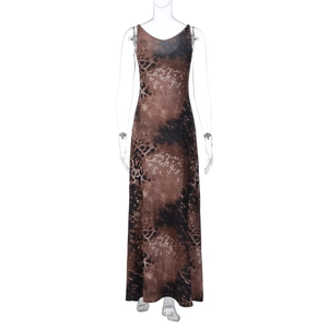 Detail of a brown sleeveless leopard print long dress with round neck on a 3D model