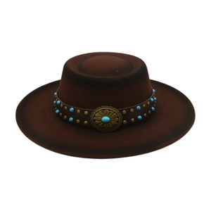Western Cowboy Felt Fedora Hat Wide Brim Retro Ethnic Turquoise Leather Belt Jazz Cap For Men Women