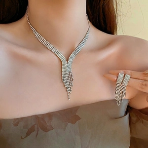 Rhinestone Tassel Necklace And Drop Earrings For Women Luxury Water Drop Statement Jewelry Accessory For Wedding Banquet