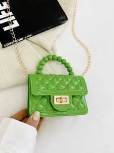 Green jelly PVC mini crossbody bag with diamond lattice pattern and beaded handle