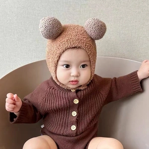 Baby autumn winter warm knitted earflap hat and ribbed romper set in soft brown tones