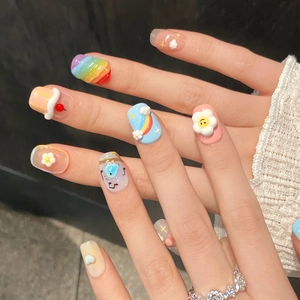 3D cartoon press-on nails with dopamine macaron colors and rainbow clouds relief
