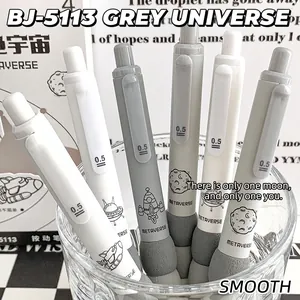 Close-up of 0.5mm retractable pens with soft grip and space themed cosmic illustrations